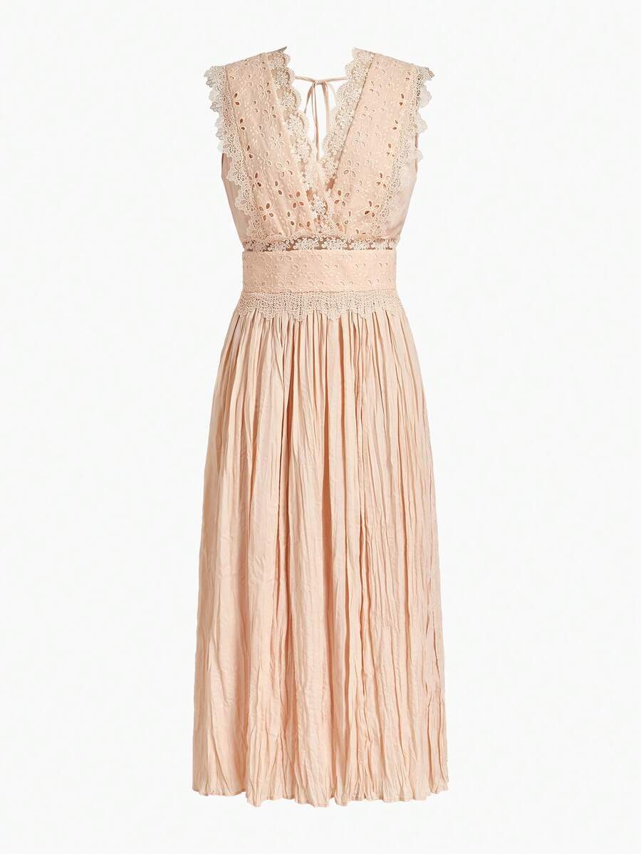 MOTF PREMIUM VESTIDO CON CUELLO EN V DE ENCAJE Y PATCHWORK, PRIMAVERA/VERANO - Sugar Pink - Ver 2