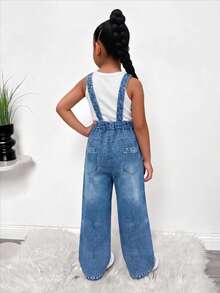 Young Girls' Woven Chain, Funny Cool Girl Letter Print Bib Pants, Fashionable Back-To-School Item, Personalized Jumpsuit For Spring, Summer, Autumn - Blue - View 3