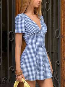 Vestido corto de mujer de manga corta con un solo pecho y estampado de cuadros azules - Azul y blanco - Ver 2