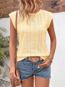 SHEIN LUNE Kaos Jacquard Putih Lengan Pendek Leher Bulat Kasual Modis Musim Semi/Panas - Kuning - View 6
