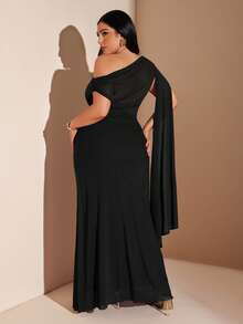 SHEIN BAE Damen Große Größen Frühlings-/Sommer-Abschlussballkleid, langes fließendes elegantes Kleid, lila Kleid, asymmetrisches asymmetrisches Schulter asymmetrisches Mesh-Kleid - Schwarz - Übersicht 2