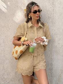 Serisse 女款鏤空刺繡短袖上衣與短褲休閒日常套裝 - 卡其色 - 查看 6