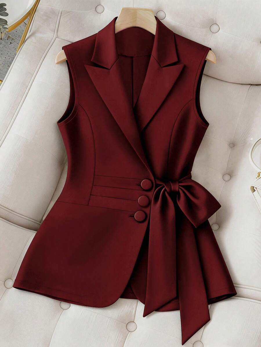 GlowEve CURVE Plus Size Solid Color Wrap Tie Elegant Sleeveless Blazer - Burgundy - View 1