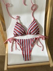 Swim Vcay 女款海灘派對套裝，藍白條紋特殊面料掛脖細肩帶上衣搭配側綁帶三角比基尼泳褲，夏季性感 - 彩色 - 查看 7