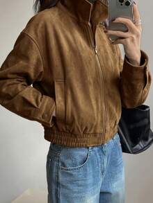 DAZY Chaqueta de cuero desgastado nueva de primavera, abrigo corto de San Valentín, chaqueta regular para mujer - Marrón - Ver 5