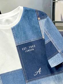 Daypath Dark Blue Summer Streetwear Vacation Men's Vintage Faux Denim Patchwork Print Contrast Color Short Sleeve T-Shirt,Creative Street Fashion Tee For Men - White - View 2