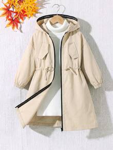 SHEIN 少女休閒字母裝飾寬鬆文字帶帽口袋中長版派克大衣，梭織雙排扣翻領寬鬆長版外套，休閒軍風，適合通勤與戶外穿著，春夏秋冬四季適用，Y2K，萬聖節、開學季，媽媽與姊妹與我親子姊妹套裝 - 米色 - 查看 4