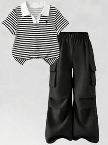 SHEIN 青少年女孩休閒學院風黑白條紋 Polo 領短袖上衣 + 黑色多口袋寬腿工裝褲 2 件套，百搭寬鬆版型，夏季校園休閒穿搭，學生日常通勤與運動套裝，返校季 - 黑色 - 查看 6