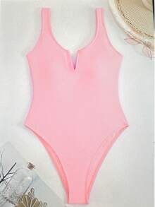 Swim Basics Women's Solid Color One-Piece Swimsuit, Suitable For Beach Vacation, Pool Party Coral Peach Summer Sexy - Pink - View 4