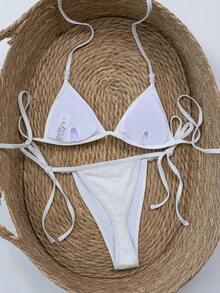 Swim SXY Bikini da spiaggia a due pezzi bianco sexy con pizzo lavorato, perline e collo all'americana, set da bagno di - Bianco - Visualizzare 4