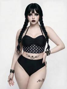 ROMWE Goth 大尺碼女款夏季海灘掛脖波點上衣與三角比基尼泳褲套裝 - 黑與白 - 查看 4