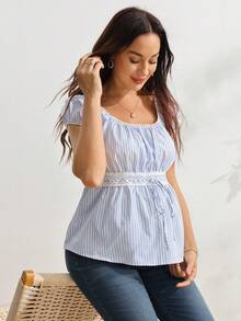 GentleRue Maternity Maternity Short Sleeve Square Neck Waist Knot Lace Bow Tie Design A-Line Striped Maternity Top - Blue and White - View 6