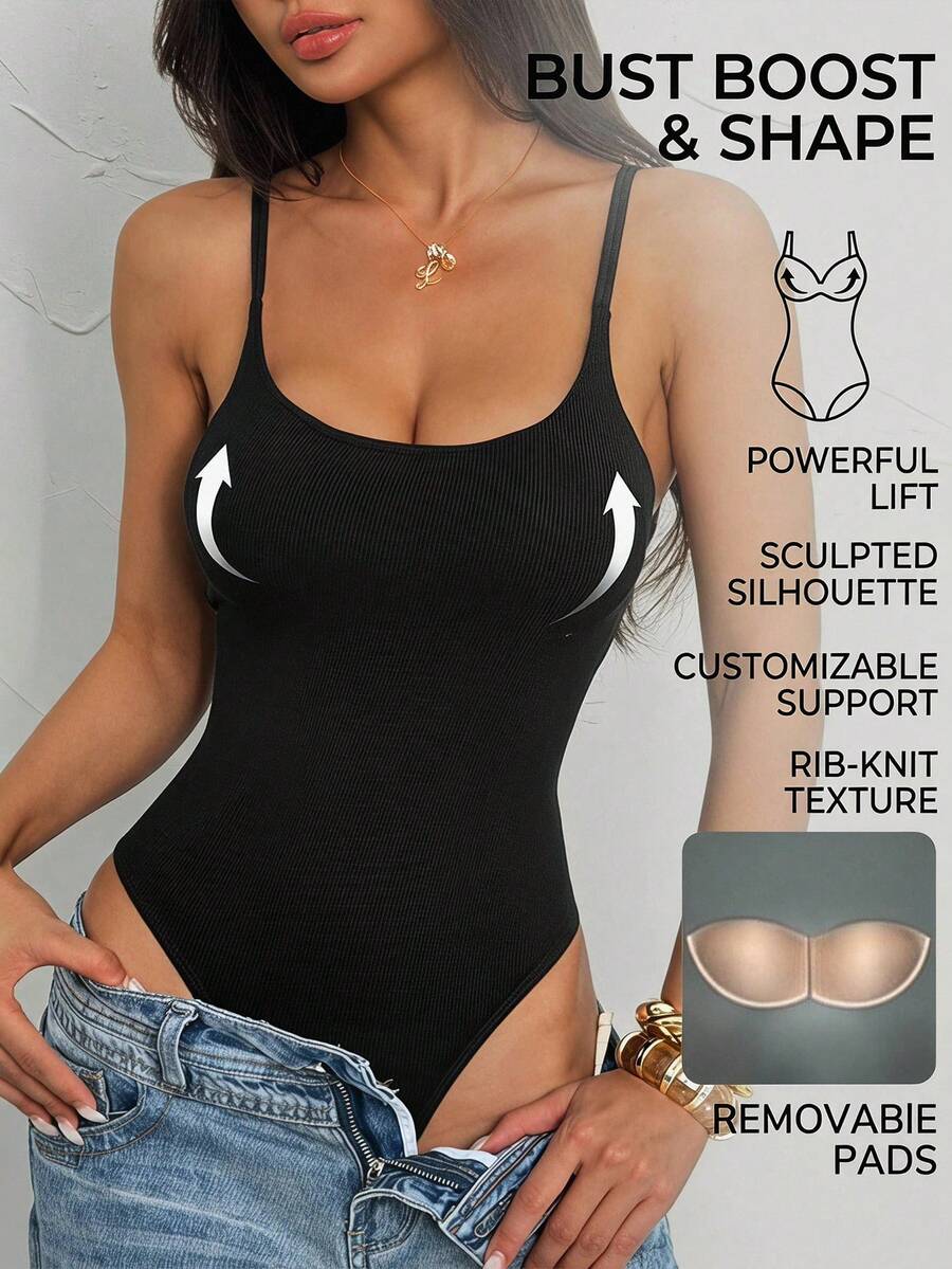 Vivamere Summer Casual Versatile Solid Color Suspender Bodysuit With Padded Bra, Ribbed Knit Vest Bodysuit ,Petite Women - Black - View 1
