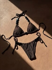 Anewsta Bộ bikini hai mảnh nữ đi biển nghỉ dưỡng, cổ yếm buộc dây, đính hạt trang trí, phong cách gợi cảm - Cà phê nâu - Xem 4