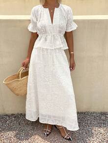 DAZY Women's Lace Loose Waist-Cinched Tie-Front Blouse And Mid-Length Skirt 2 Pieces Set - White - View 1
