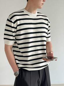DAZY Camiseta de punto de verano para hombre con estampado de rayas - Beis - Ver 8