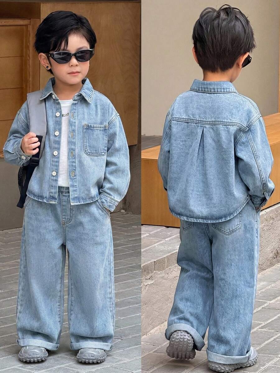 SHEIN 男童灰色牛仔襯衫翻領長袖與寬鬆長褲2件套 - 淺色水洗藍 - 查看 1