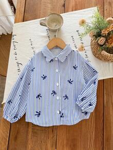 SHEIN LMoss Kids LMoss 青少女寬鬆條紋領休閒襯衫 - 藍色 - 查看 4