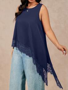 Juhart Plus Size Lace Patchwork Asymmetric Hem Sleeveless Top - Navy Blue - View 3