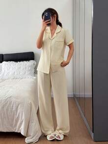 SHEIN Classic Striped Collar Short Sleeve Long Pants Pajama Set - Yellow - View 5