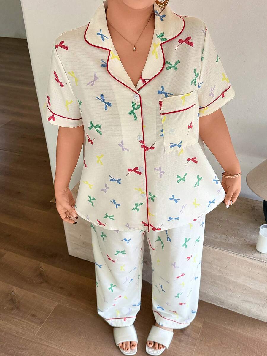 Napfluff CURVE Napfluff CURVE Set Piyama Ukuran Besar dengan Motif Pita Warna-warni, Lengan Pendek dan Celana Panjang - MultiWarna - View 1