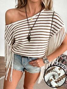 SHEIN LilyWest Kaos Wanita Motif Garis-Garis dengan Blok Warna dan Rumbai, Kasual, Serbaguna untuk Aktivitas Sehari-hari - MultiWarna - View 7
