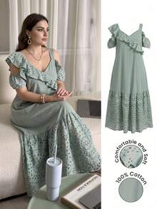 Lacomfia Casual Solid Color Patchwork Embroidered V-Neck Cold Shoulder Loose Spring/ Plus Size Mint Green Dress Wide Strap, Long - Mint Green - View 1