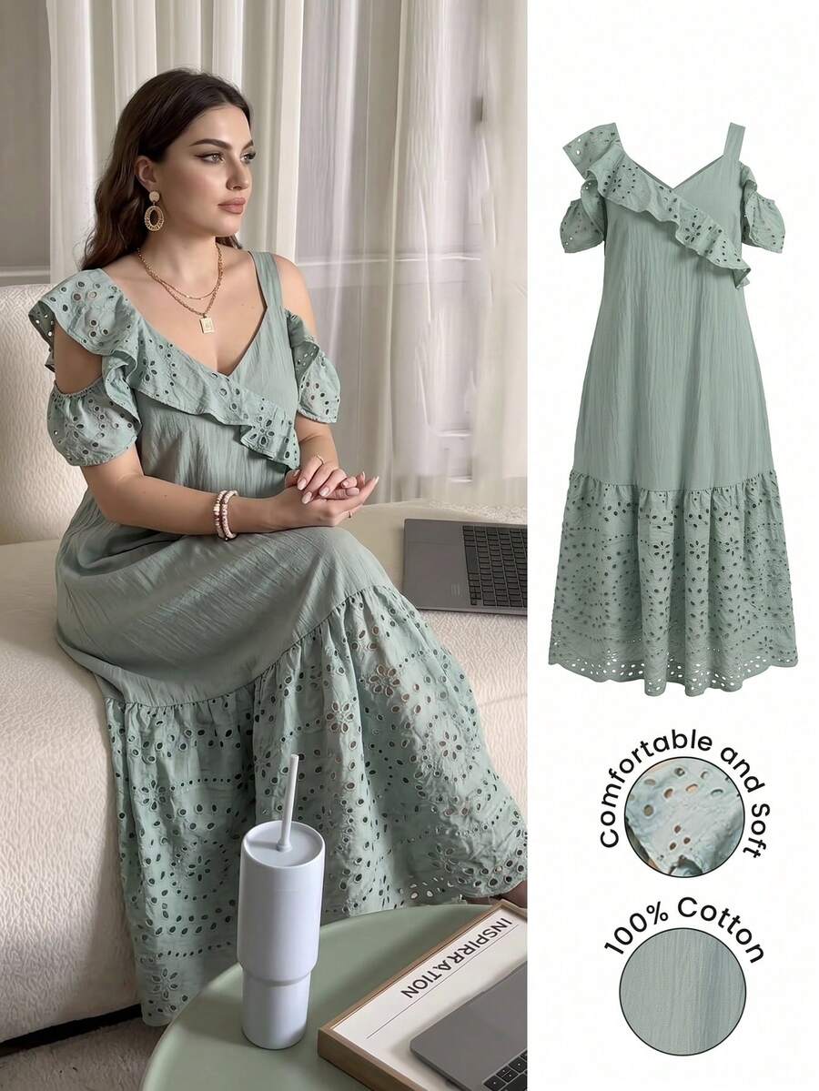 Lacomfia Casual Solid Color Patchwork Embroidered V-Neck Cold Shoulder Loose Spring/ Plus Size Mint Green Dress Wide Strap, Long - Mint Green - View 1