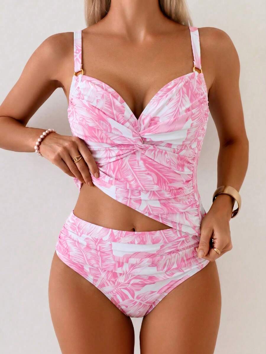Swim Chiccia 女款純色金屬環飾交叉綁帶百褶性感背心短褲套裝,適合海灘度假 - 粉色 - 查看 1