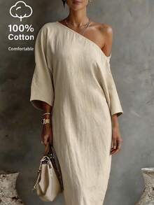 SHEIN Holidaya Women's Spring/Summer Light Beige Textured Open Shoulder Loose Long Dress Ankle Length Elegant Minimalist Style For Vacation Brunch - Khaki - View 4