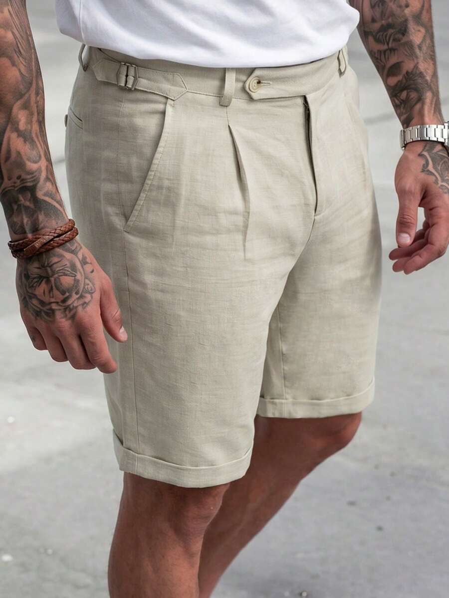 Manfinity CasualCool 男士白色梭織彈性腰休閒短褲,卡其色夏季海灘高爾夫短褲,老錢風城市度假風,適用於日常休閒、戶外度假、假期 - 杏色 - 查看 1