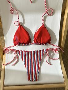 Swim Vcay 女款海灘派對套裝，藍白條紋特殊面料掛脖細肩帶上衣搭配側綁帶三角比基尼泳褲，夏季性感 - 彩色 - 查看 3
