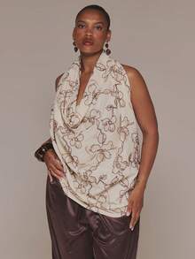 MUSERA Curve Cream Floral Embroidered Extreme Cowl Longline Top Spring Summer Vacation Holiday Elegant Evening Sexy Un Roma - Multicolor - View 5