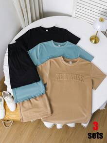 SHEIN 6件/組 青少年男童休閒寬鬆字母圖案圓領T恤與短褲套裝，適合通勤、上學、日常使用、運動活動，春/夏季 - 彩色 - 查看 4