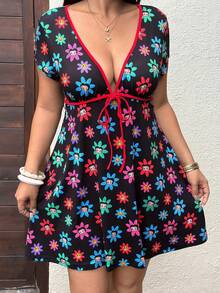 Sunnyshic Betty Boop x SHEIN Plus Size Women's Vacation Cartoon Print Deep V-Neck Tie-Front Dress Going Out Holiday Black Summer 90s Cute Kawaii Y2k - Black - View 4