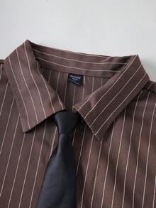ROMWE MEN 男士條紋寬鬆領帶長袖襯衫 - 咖啡棕 - 查看 2