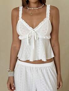 Aloruh Bohemian Jacquard Knit Casual & Romantic Homewear, Ruffle Trim Knit Casual Women Pajama Set - White - View 5