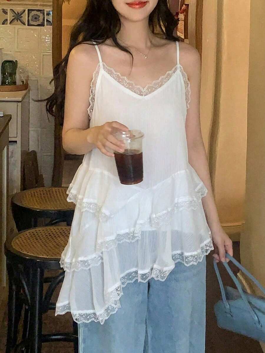 DAZY 女款對比蕾絲多層荷葉邊下擺吊帶背心上衣 - 白色 - 查看 1