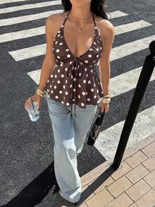 Siren Gaze 奢華優雅棕色波點掛脖荷葉邊上衣 抓皺設計 夏季度假派對穿搭女裝 - 巧克力棕 - 查看 5