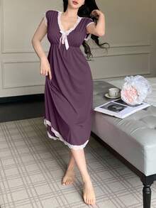 SHEIN 女款深V領蝴蝶結睡袍 - 紫色 - 查看 6