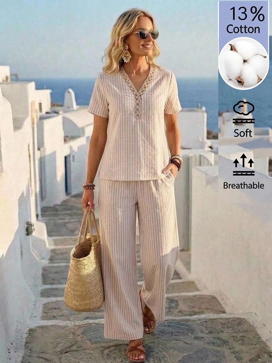 EMERY ROSE Bộ 2 món áo tay ngắn kẻ sọc và quần dài thường ngày mùa hè cho nữ - Màu xanh hải quân - Xem 1