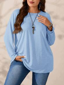 EMERY ROSE Plus Size Round Neck Long Sleeve Casual Loose Soft Appealing Winter T-Shirt,Fall Clothes - Baby Blue - View 1
