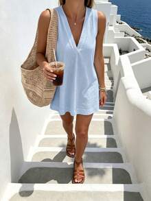 Pariaura Minimalist White Linen Sleeveless V-Neck Dress / Relaxed Fit A-Line Skirt / Korean Style Gentle / Daily Commute Short Dress/Slub Cotton Linen Dress - Baby Blue - View 3