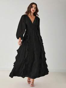 Enchnt Vestido largo elegante de unicolor con volantes para mujer - Negro - Ver 7