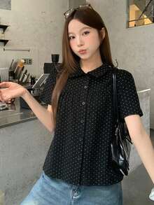 DAZY 女款翻領波點韓式風格滿版印花襯衫 夏季 - 黑色 - 查看 4