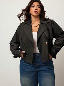 Enliva Plus Size Women Fashion Casual Loose Comfortable Daily Simple Versatile Classic Short Windbreaker Trench Coat, Simple Style Coat Spring, For Apple And Rounded Body Shape - Black - View 4