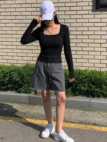 DAZY 女款純色方領長袖羅紋休閒T恤 夏季 - 黑色 - 查看 4
