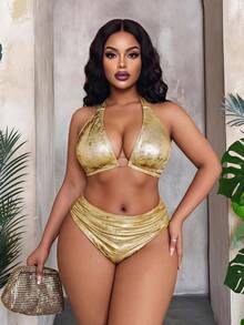 Maweii Plus Size Metallic Sexy Party Swimsuit Set For Summer Beach Vacation - Gold - View 1