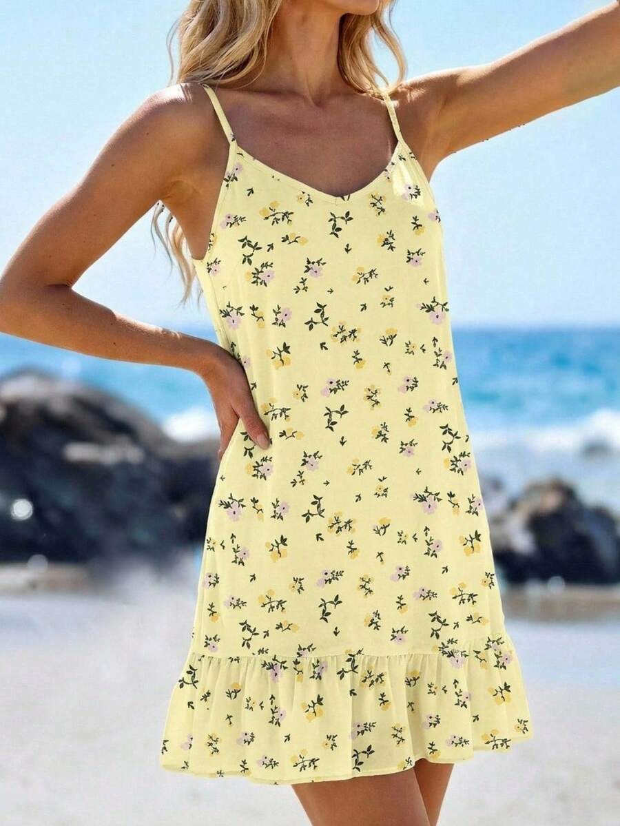 SHEIN LUNE Vestido camisola mini con estampado floral pequeño y volantes en el bajo para mujer - Multicolor - Ver 1