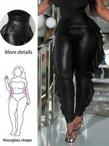 Hourglow Plus Size Elegant High Waist Ruffle Hem Slim Fit Pants, Suitable For Commuting, For Hourglass Body Shape/2026 /New Year - Black - View 1
